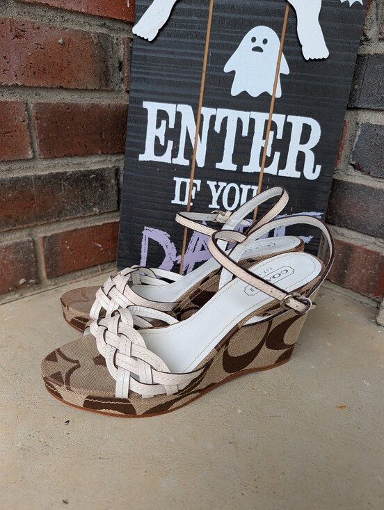 Coach Shoes - 🍁 Vintage Y2K Coach Rose Genuine Leather Signature Canvas Braided Wedge Sandals